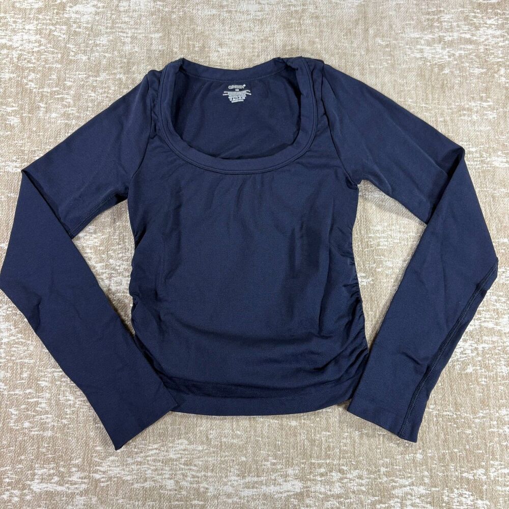 Qinsen Dark Blue Ruched Long Sleeve Athletic Top XS